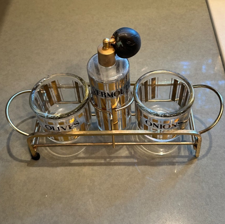 1950s JEANNETTE MARTINI BAR SET Gold Glass Vermouth Olives Retro Barware 4 PCS