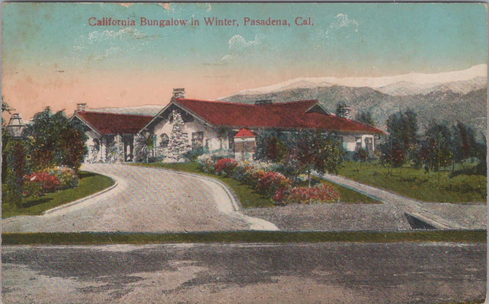 California Bungalow In Winter Pasadena CA 1920s Stone Facade Red Roof Postcard