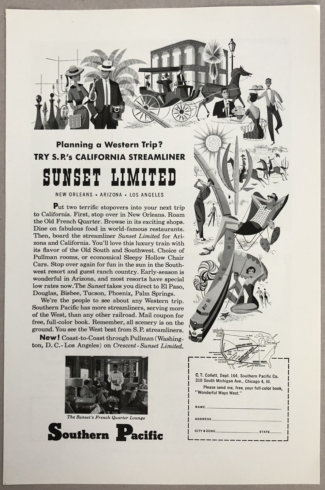 1954 Print Advertisement Full Page - Southern Pacific Sunset Limited. Vintage
