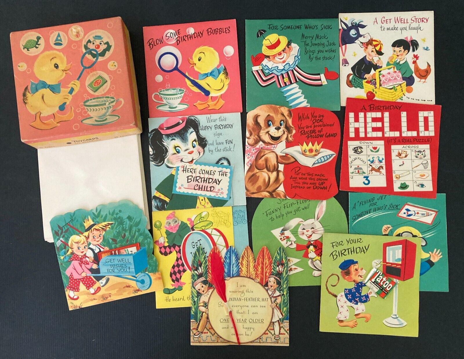 Vintage Toycards Toy Cards Complete Set 12 Greeting Cards w/Box Tatoo Gum + more