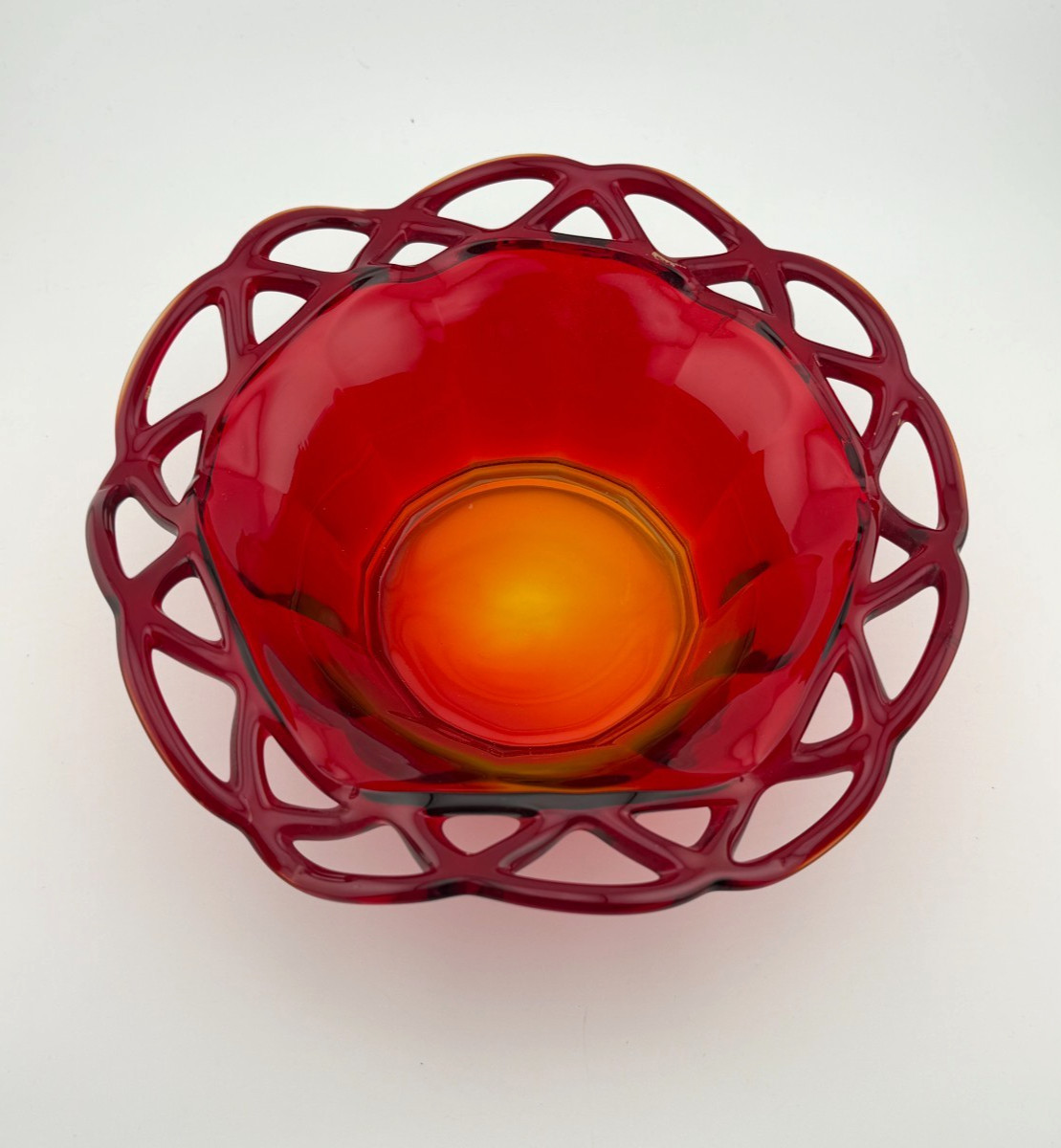 Amberina Ruby Red Glass Bowl Ruffle Open Lattice Edge Footed