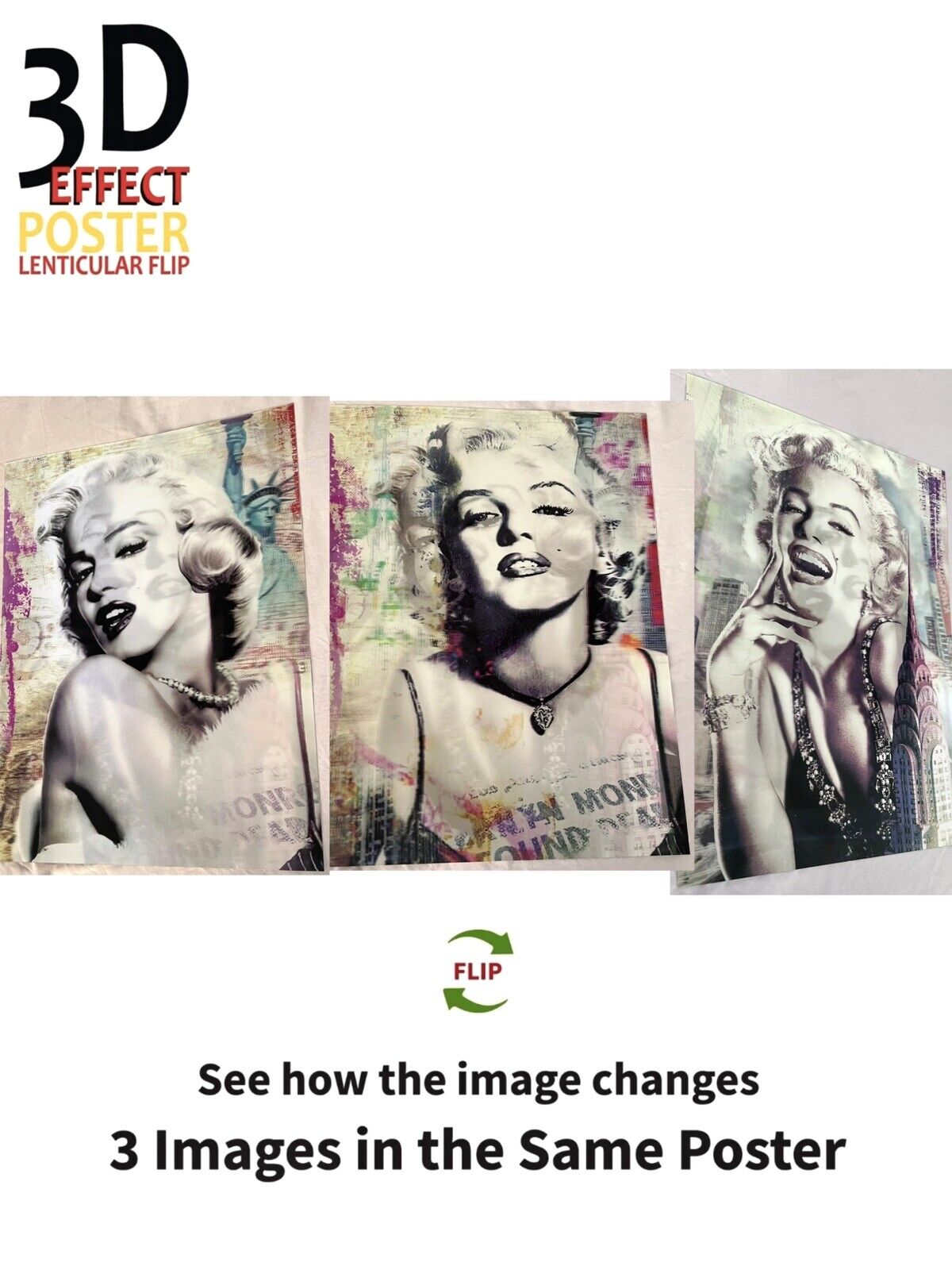 Marilyn Monroe,New York,Art poster,3D Lenticular Flip Effect,MOVIE STAR,3 in 1