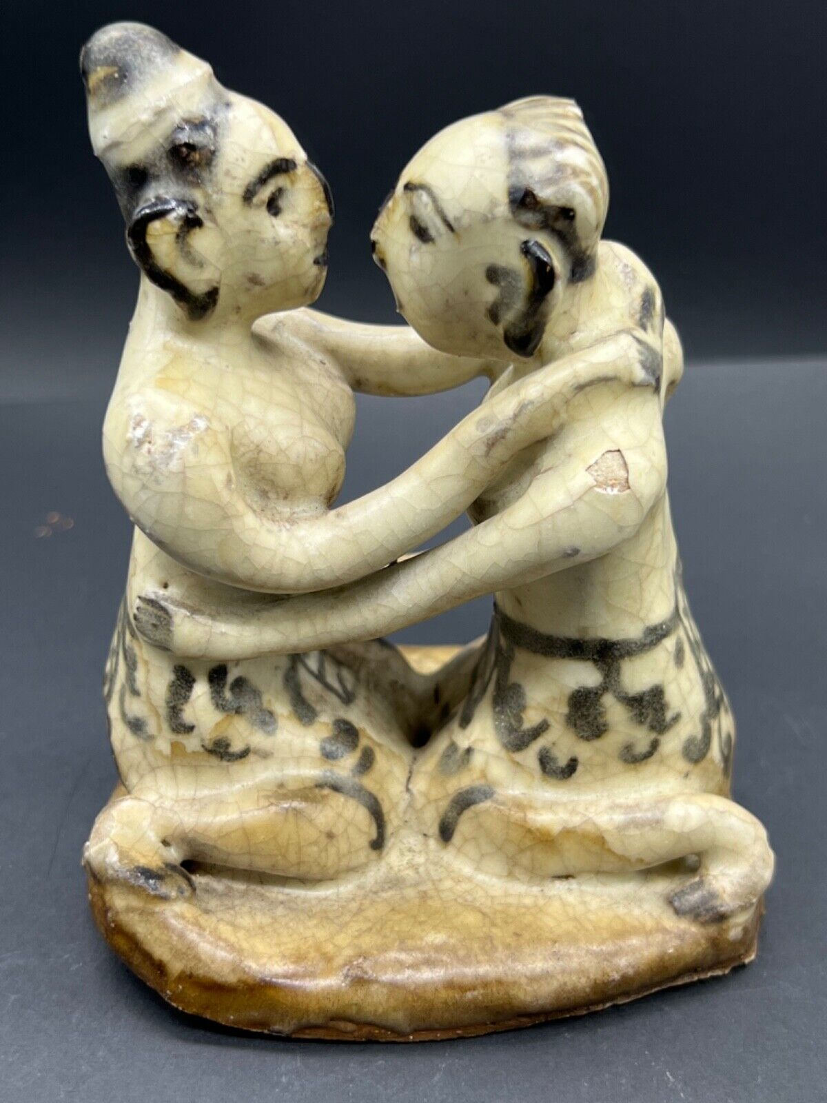 South East Asian Antiques Rare Old Glazed Ceramic Sukhothai Lesbian Stutue Dolls