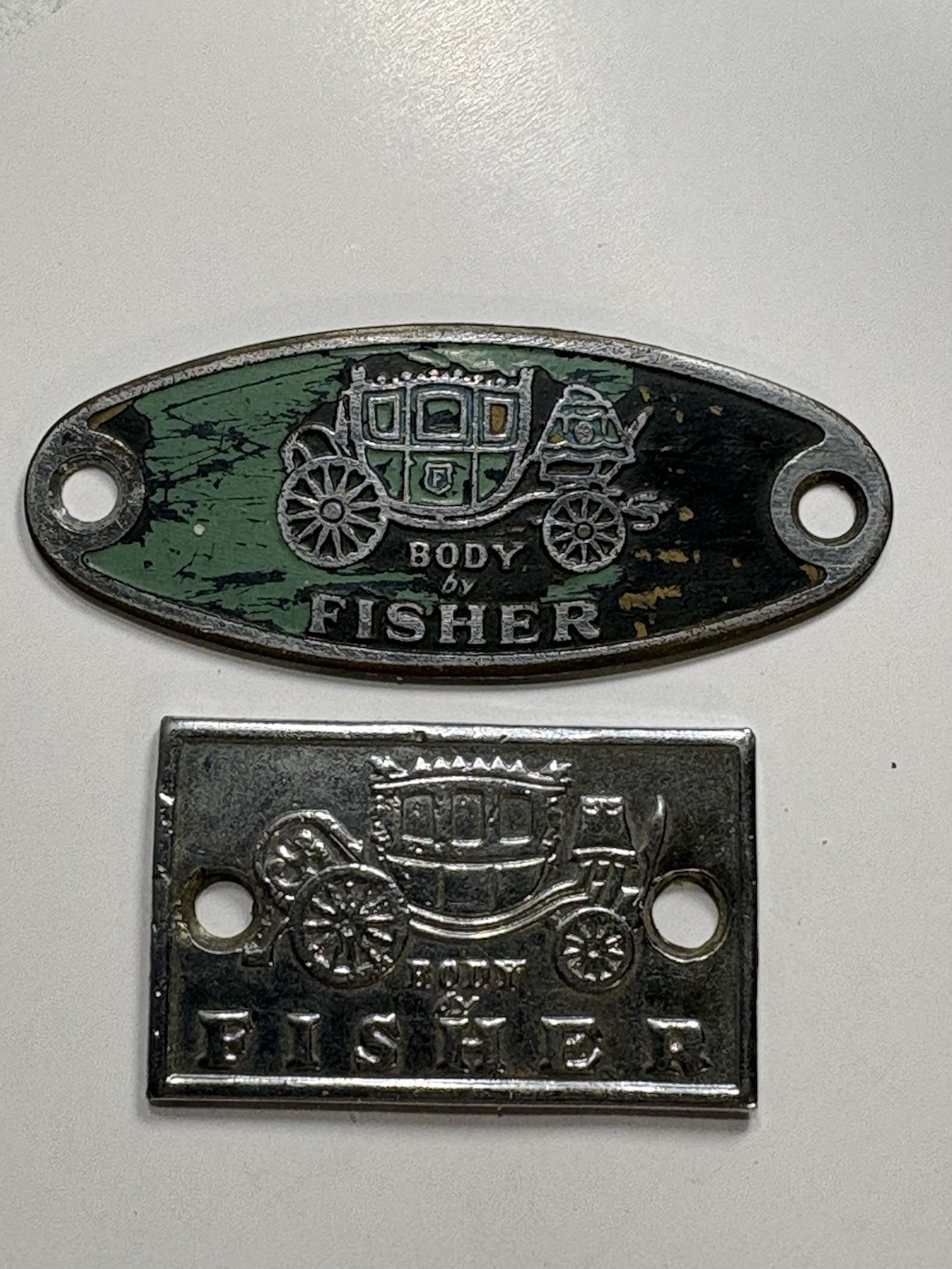 Lot Of 2 Antique / Vintage GM Automotive FISHER BODY Parts Badge Emblems Lot Of 2 Antique / Vintage GM Automotive FISHER BODY Parts Badge Emblems