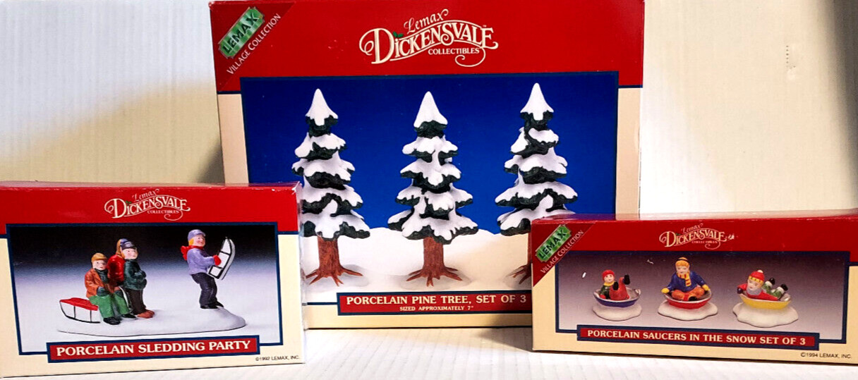 1990s Lemax Dickensvale Village Trees, Sledding Party & Saucers in the Snow Lot