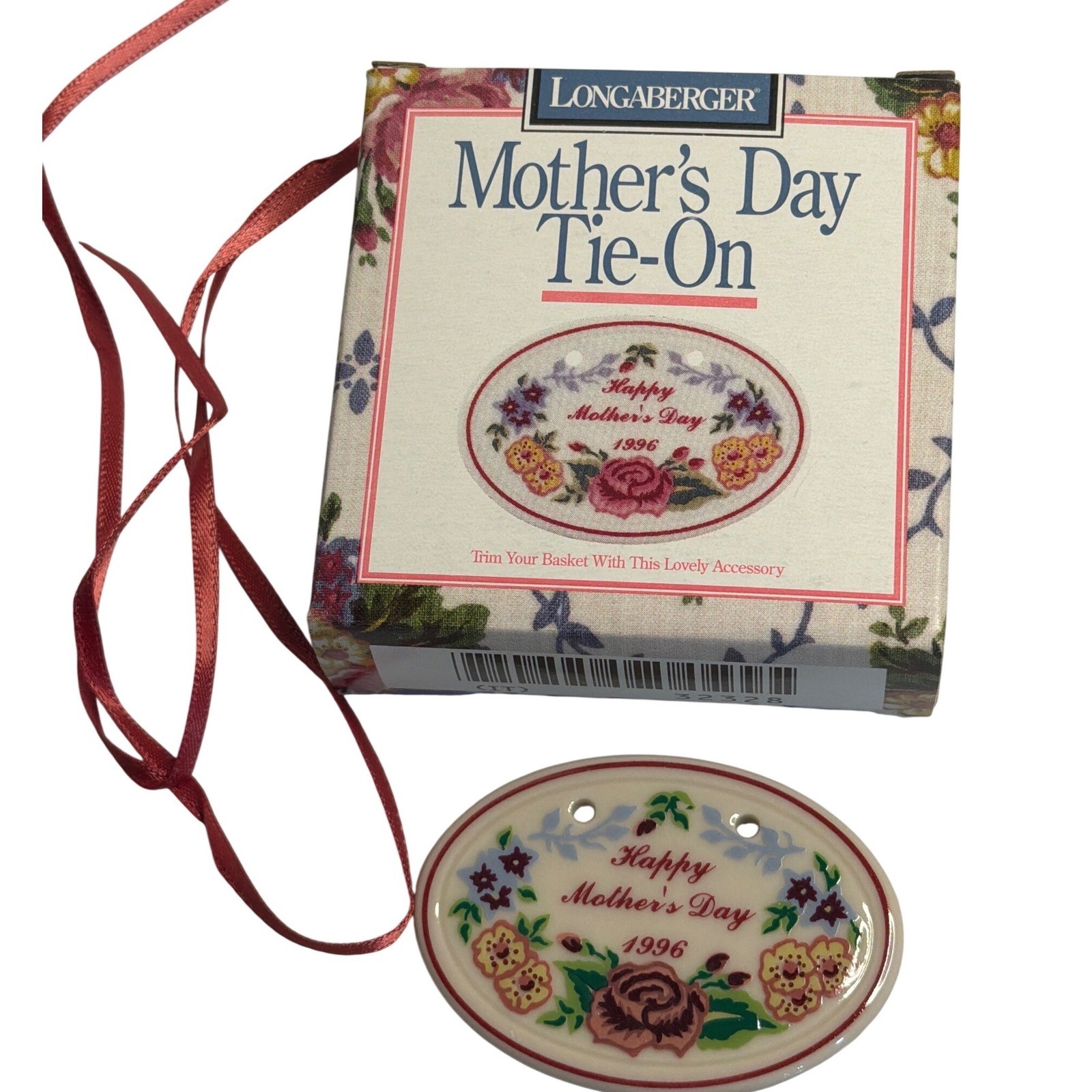 VTG Longaberger Mothers Day Tie-On 1996 Ceramic Basket Charm Floral White New VTG Longaberger Mothers Day Tie-On 1996 Ceramic Basket Charm Floral White New