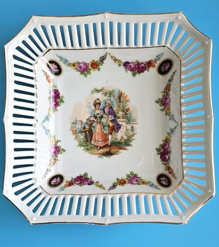 Vintage Schumann Candy Dish Square Courting Couple Reticulated Lattice 6.25\