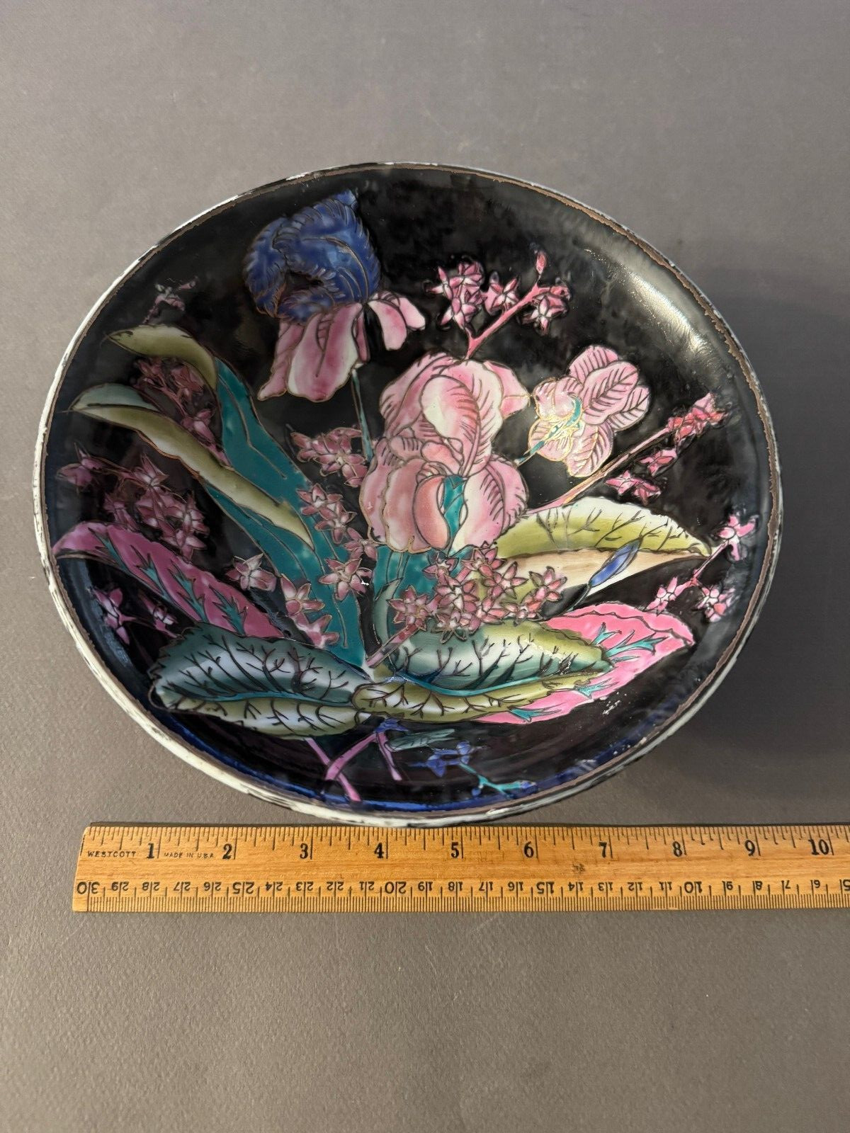BLACK PINK ASIAN IRIS LEAF TEXTURED FLOWER DECORATIVE BOWL (NOT FOR FOOD) VTG