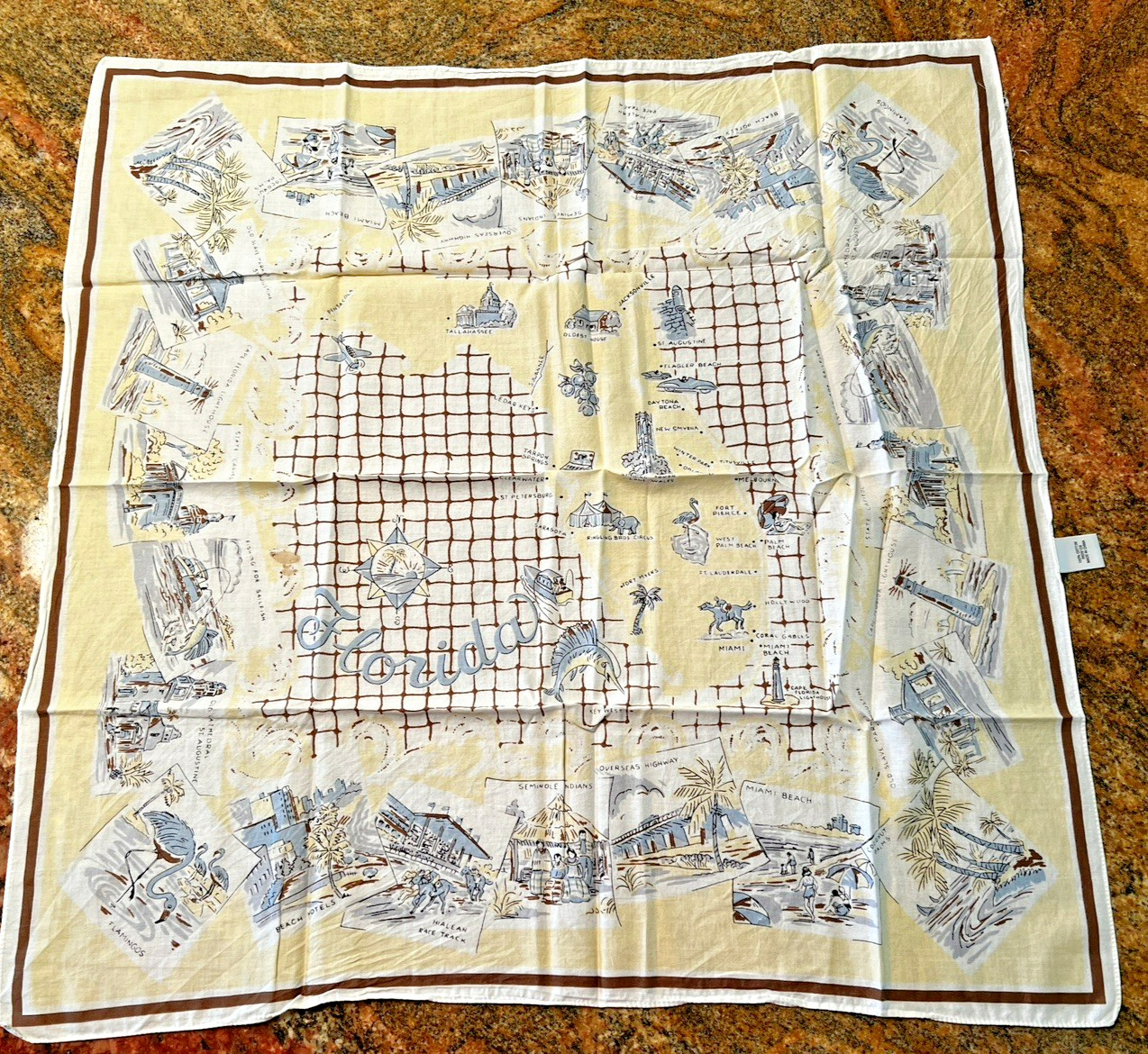 Vintage  Souvenir Florida Scarf Yellow & Brown 100%  Cotton