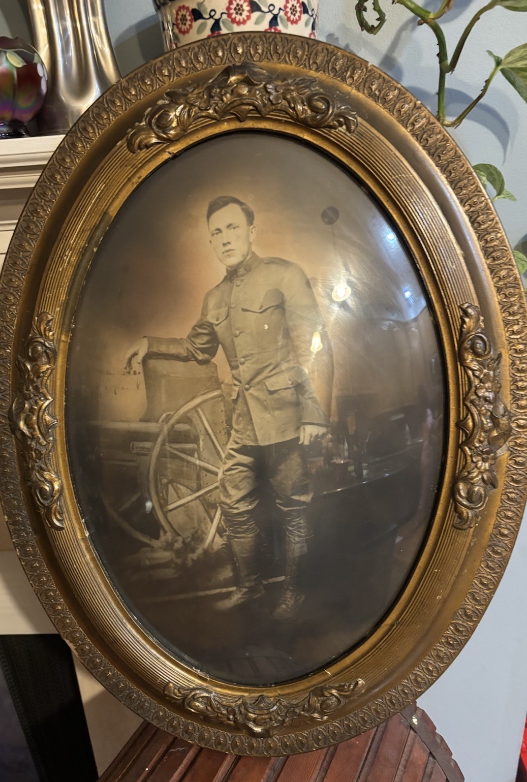 Antique Oval Portrait WWI Military Soldier Wood Frame Bubble Glass Artillery