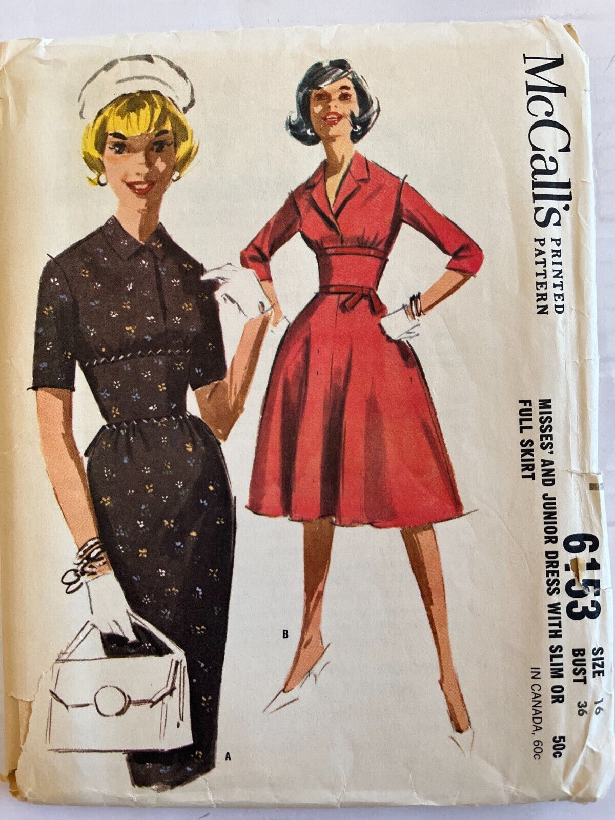 McCall's Pattern 6153 Dress Slim or Full Skirt Bust 36 1960s Chic