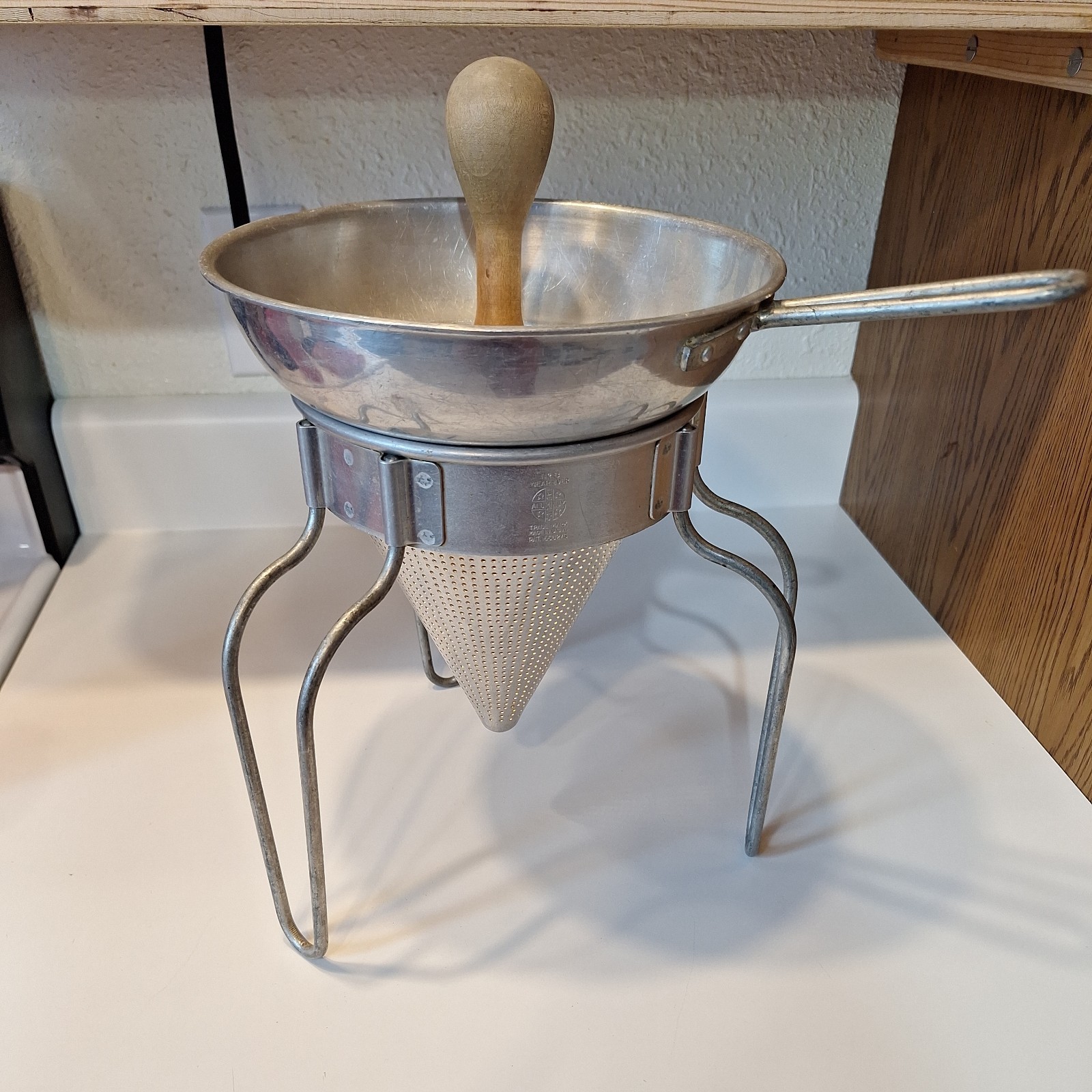Vtg Aluminum Wear-Ever No 8 Sieve Cone Strainer Wood Pestle w Stand Canning