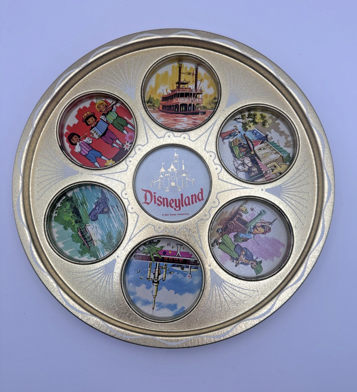 Vintage Disneyland Gold Tin Tray 11'' Round 7 Drinks Serving Tray Metal Souvenir
