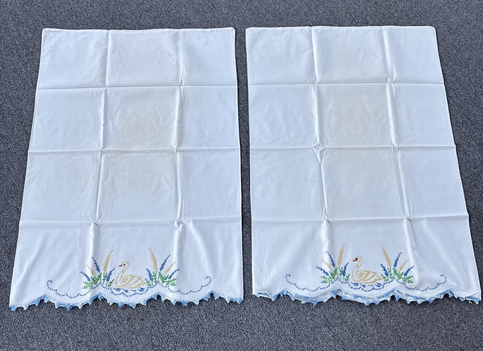 Beautiful Vintage Swan hand embroidered Standard pillowcases with crochet trim