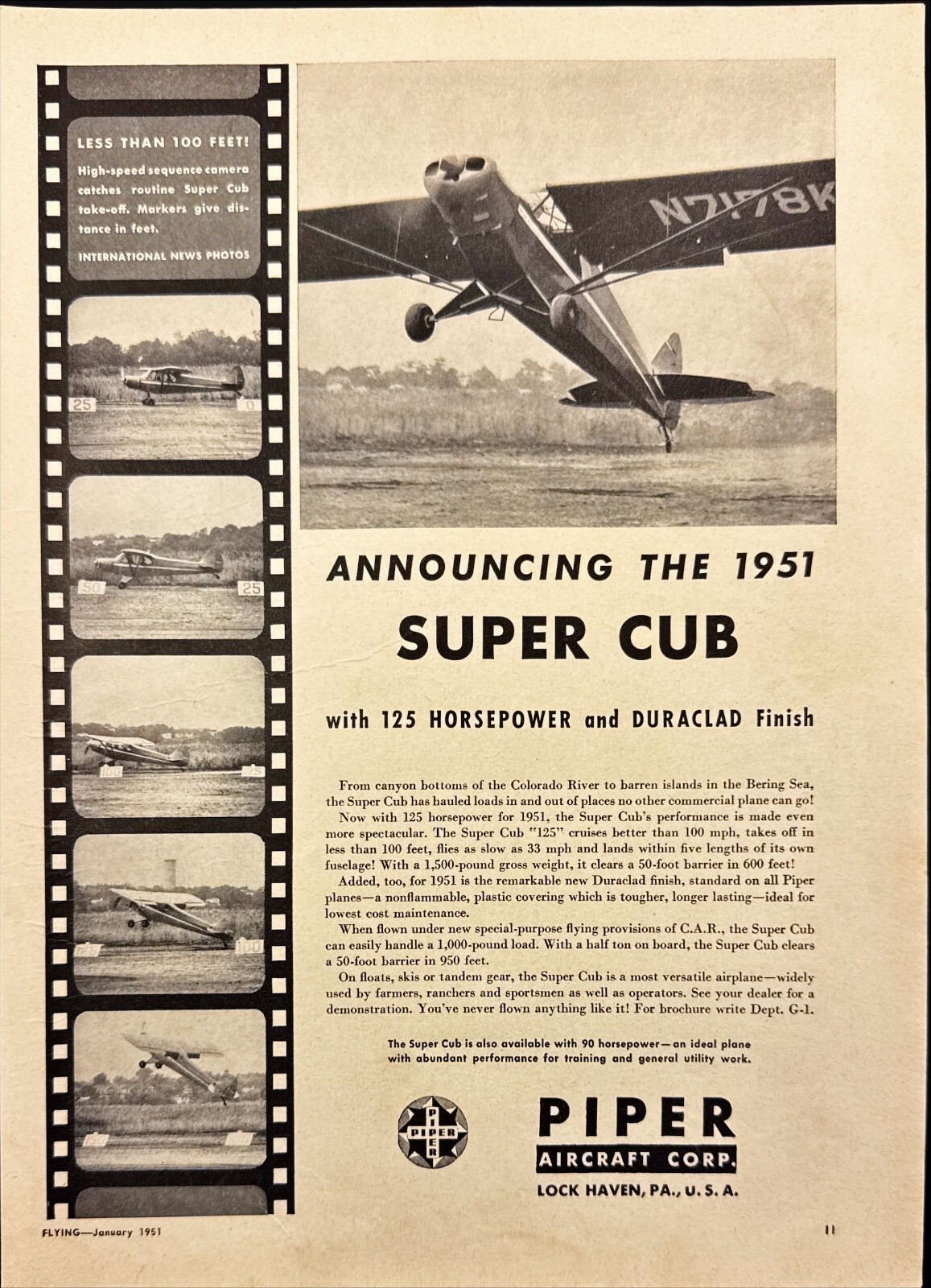 Piper Super Cub Lock Haven PA Print Ad 1984