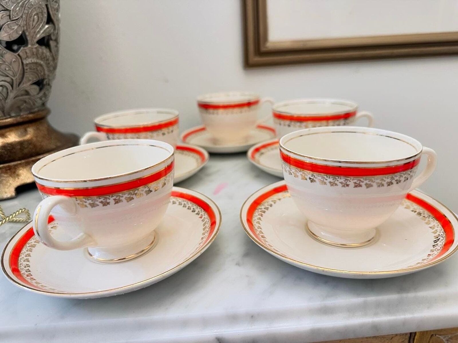 Vintage Homer Laughlin Eggshell Red Stripe 18k 10pc Tea Cup Set