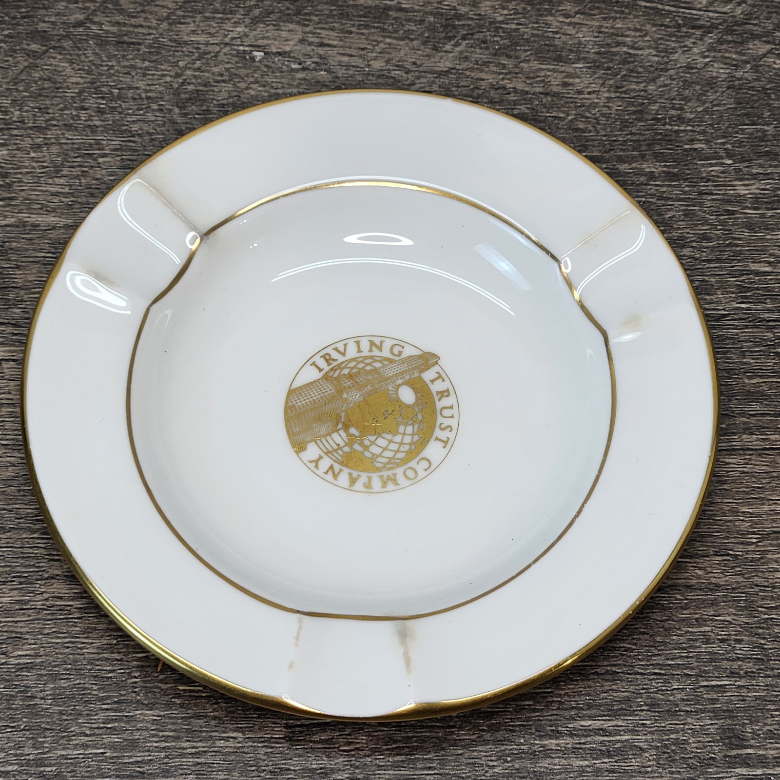 Vtg Irving Trust Company NYC Porcelain Ashtray Art Deco One Wall Street Gold 