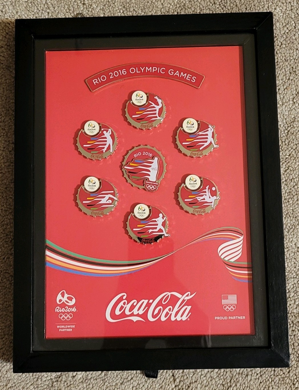 Lot of 7 2016 Rio Olympic Games Pins Framed Coca-Cola SUPER COOL