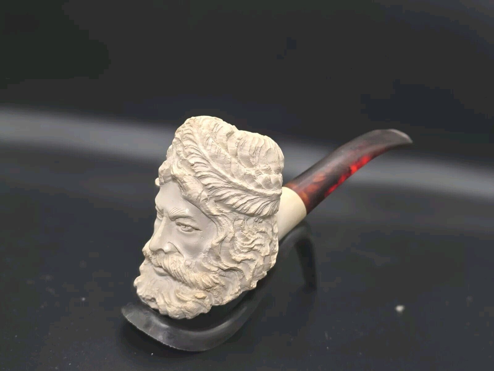 Vintage Meerschaum Hand-Carved Bearded Man Pipe and Case