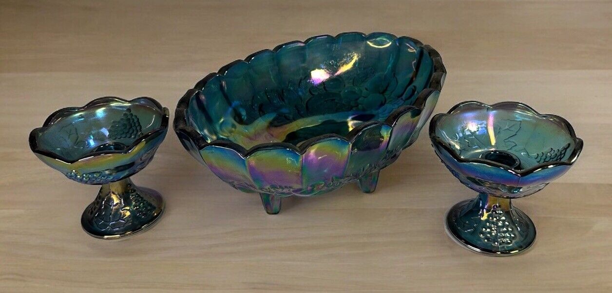 Vtg Blue Carnival Glass Fruit Bowl And Candle Holders