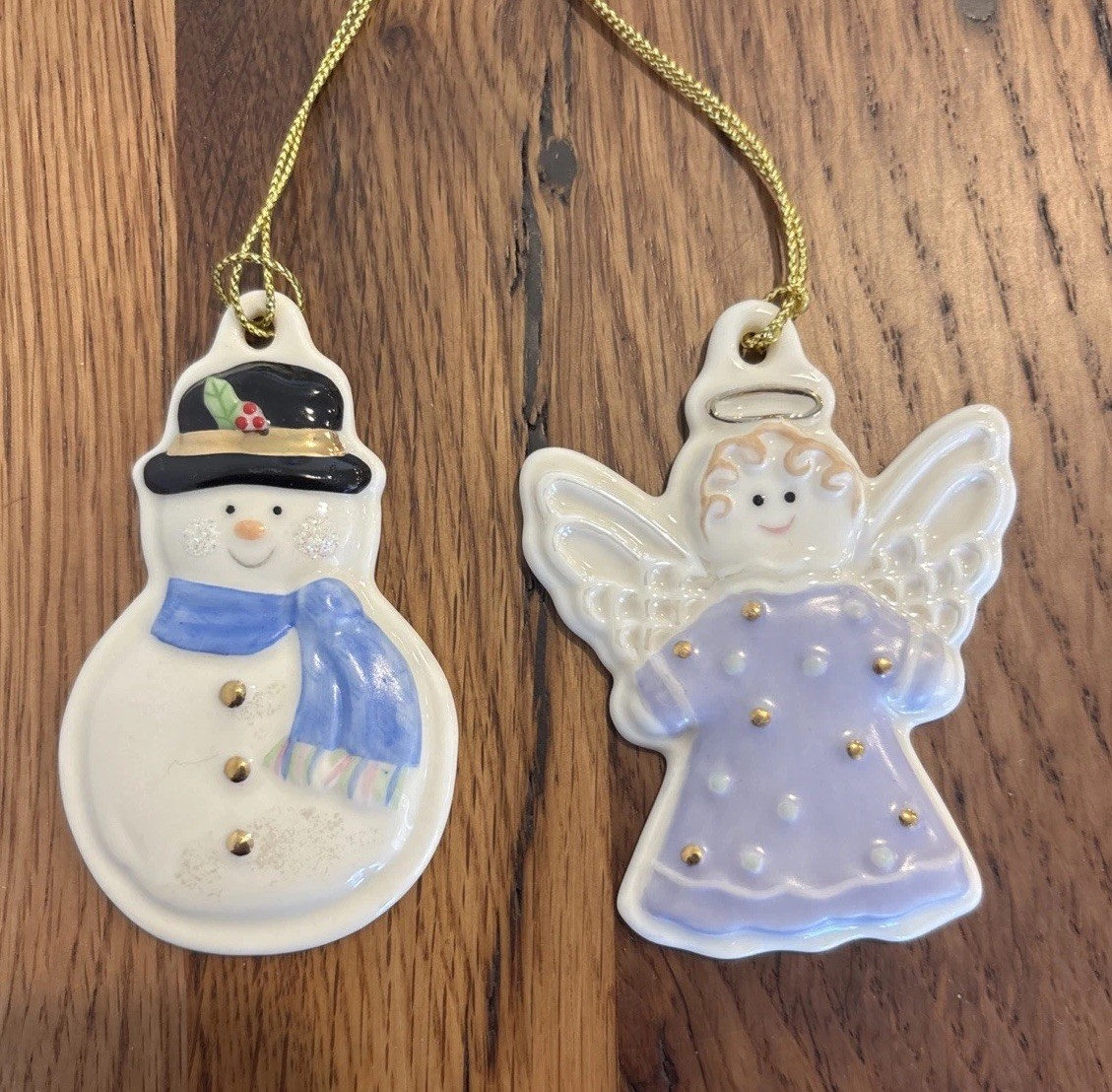 2 Lenox Ornaments 2003 - Angel & Snowman 3”
