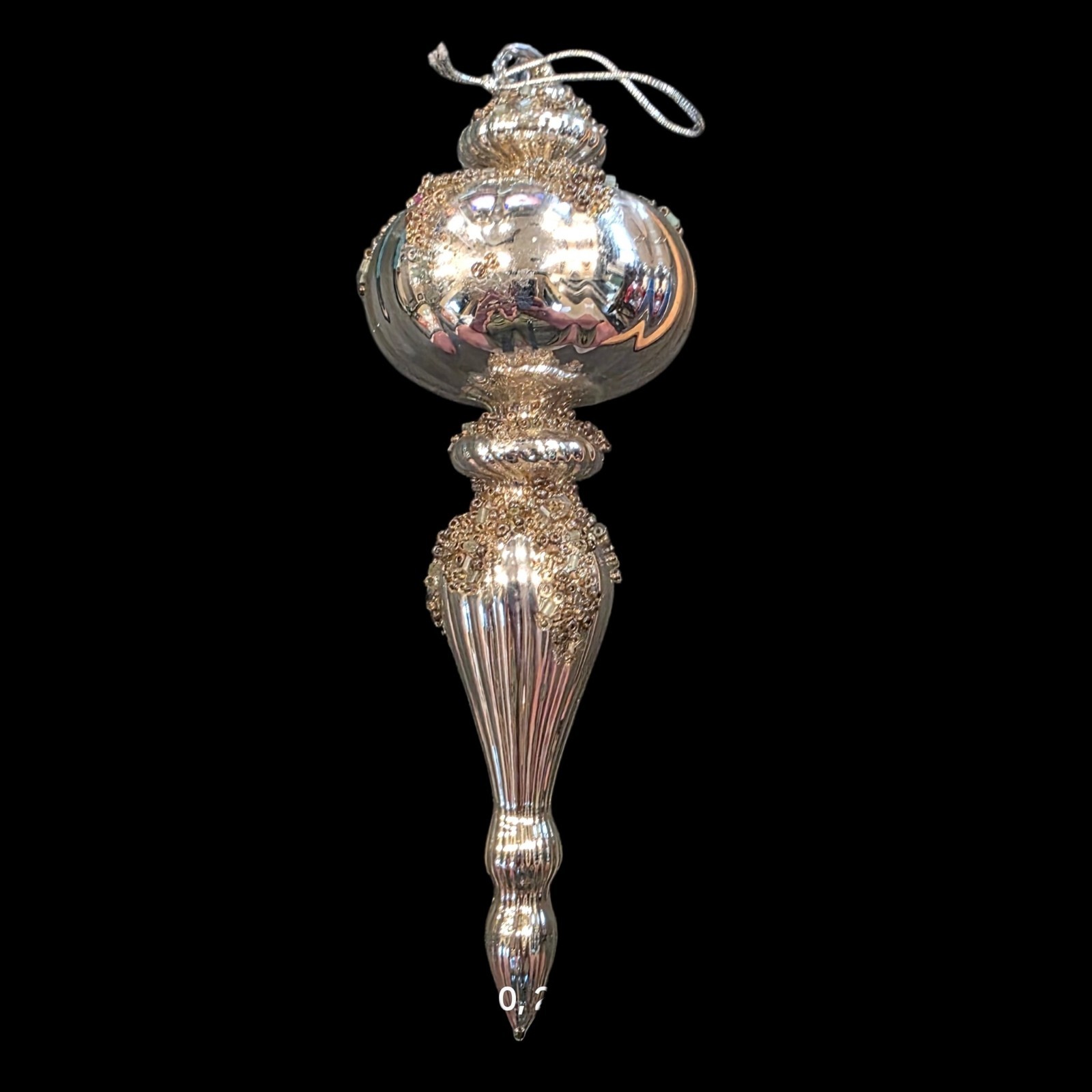 Silver Glass Finial Christmas Ornament Beaded Jeweled Mercury Look 7\
