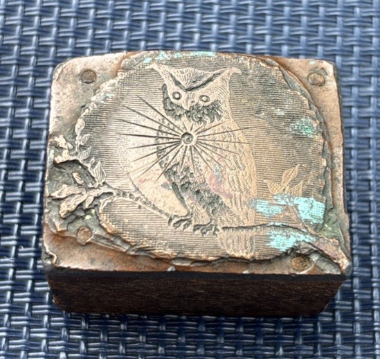 Nice Antique Owl Copper On Wood Die Stamp Wax Seal