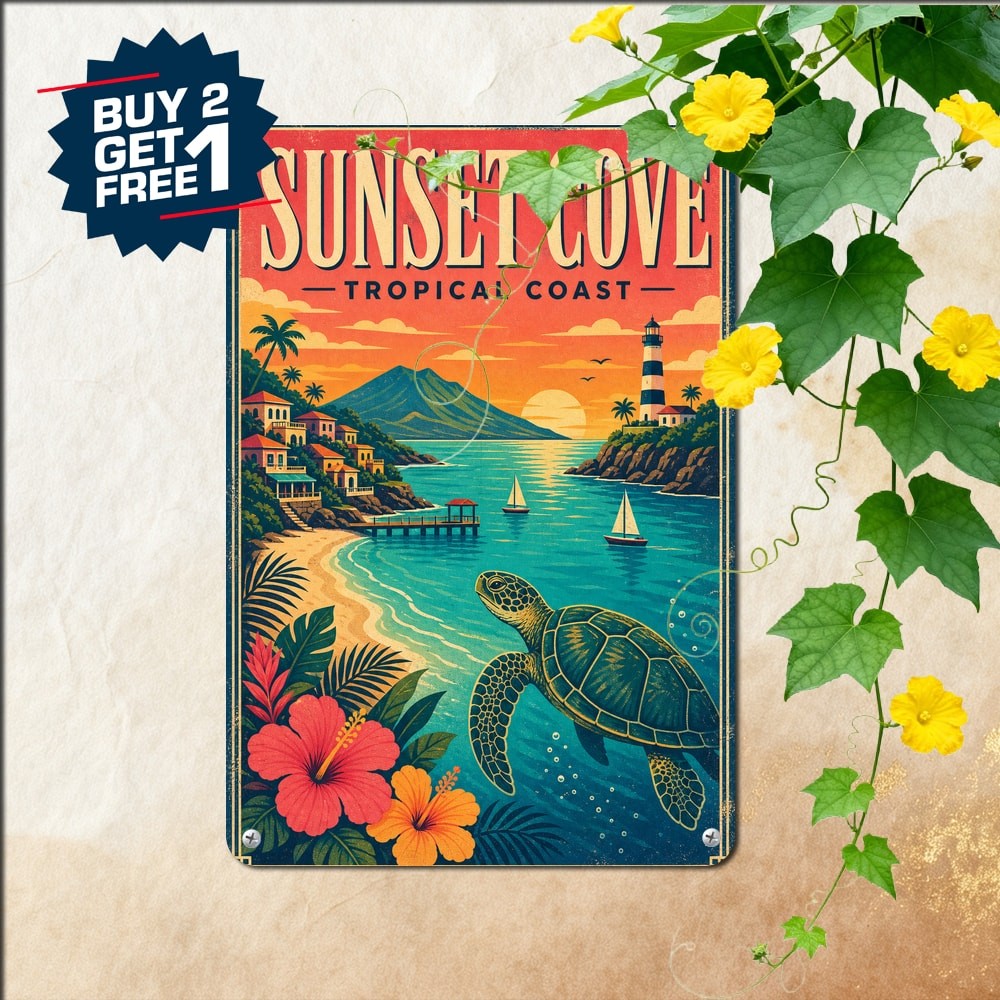 Bold Top Typography Sunset Bay Tropical Coast Poster Retro Ocean Metal Plaque