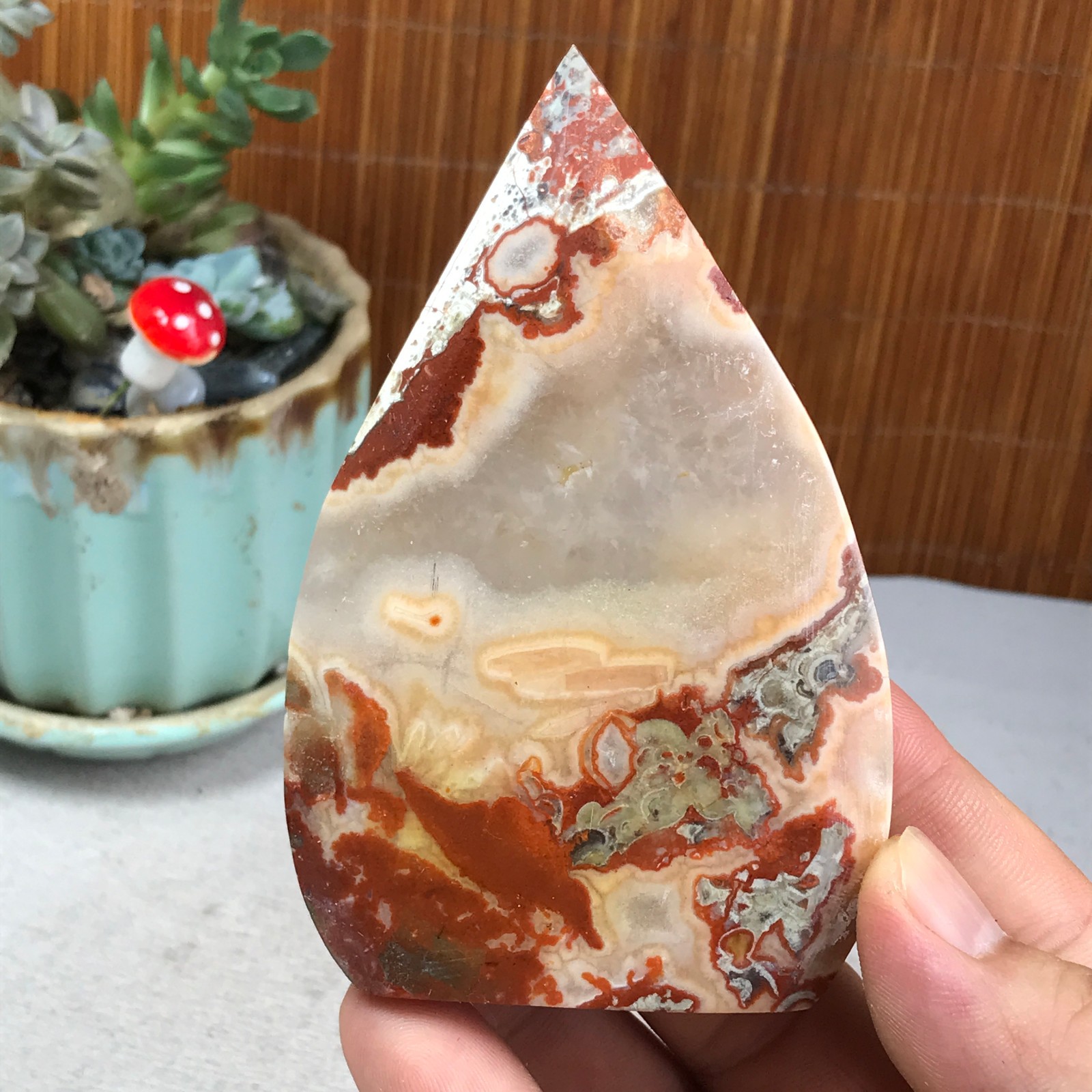 Natural money Mexico agate hand carve leaf Crystal Specimen free standing A6265