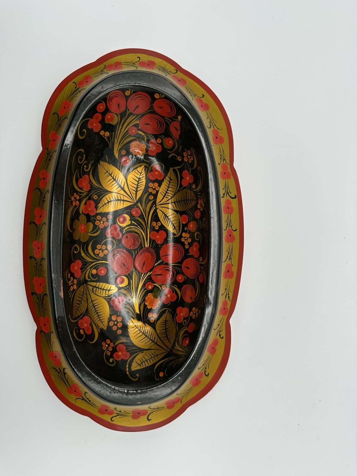 Vintage Khokhloma Hand Painted Wood Bowl Oval Floral Berry Design Made in Russia