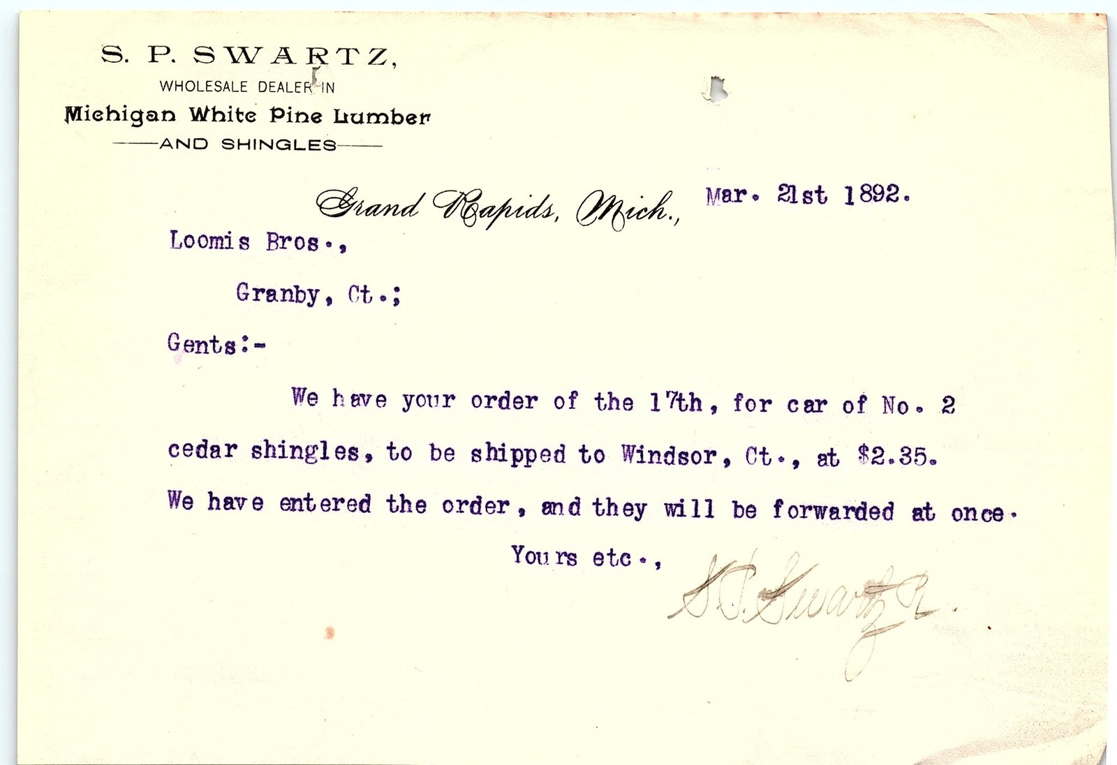1892 Michigan lumber billhead, S.P. Swartz to Loomis Bros.