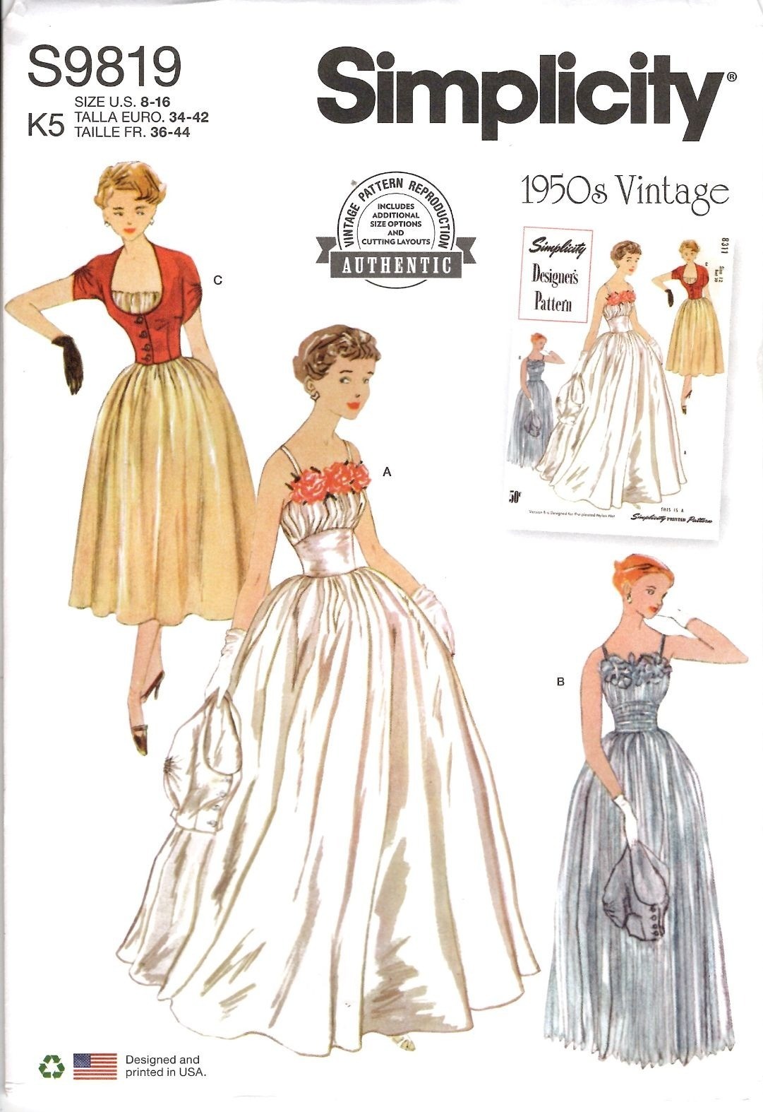 Simplicity S9819 Sewing Pattern 1950s Vintage Reproduction Dress Size 8-16