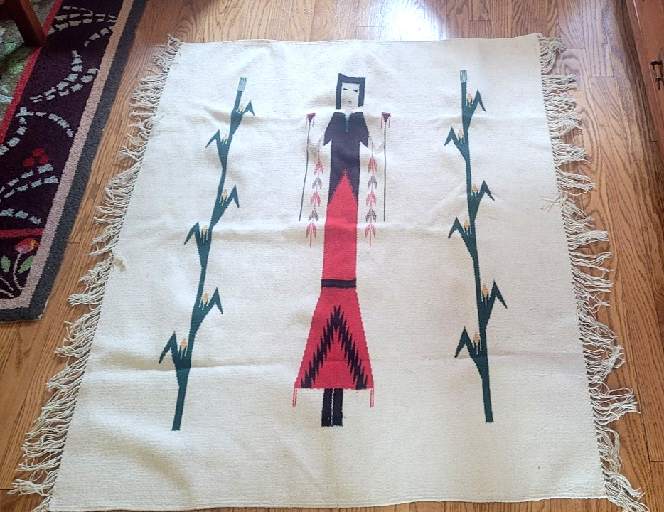 Vintage Native American Ortega Chimayo Handwoven Wool Tapestry Corn Maiden 36x46