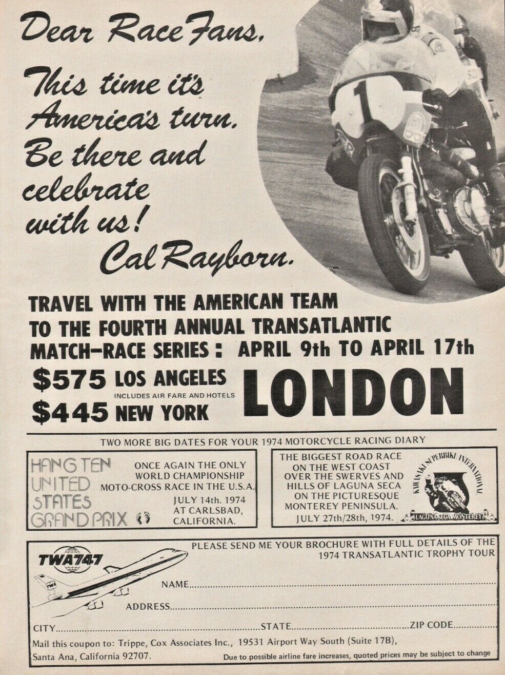 1974 Cal Rayborn Transatlantic Race London - TWA Airline - Vintage Motorcycle Ad