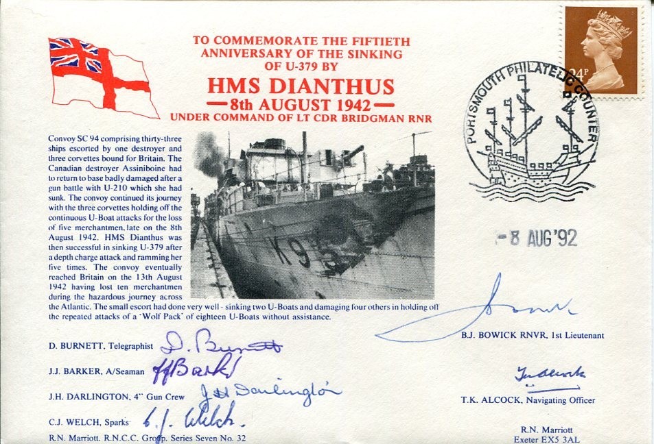 HMS Dianthus Crew Sinking Of U-379 WWII War Signed By 6 Autograph