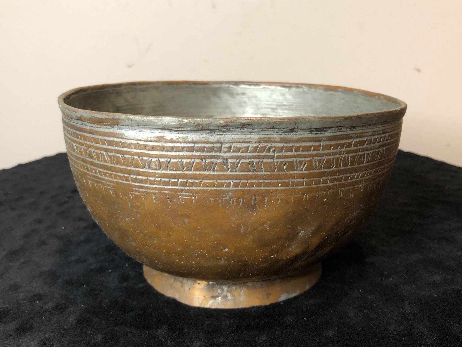 Old Antique/Vintage Middle Eastern Tinned Copper Etched Footed Bowl, Marked