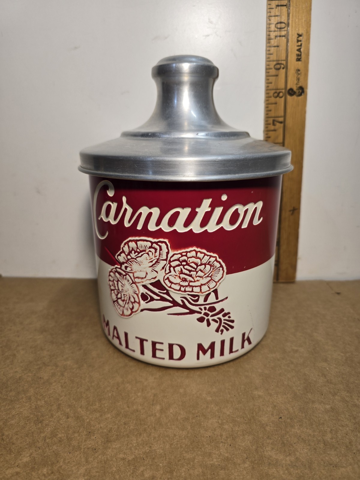 Vintage Carnation Malted Milk Counter Canister w/ Lid 1930-40\'s Nice Shape