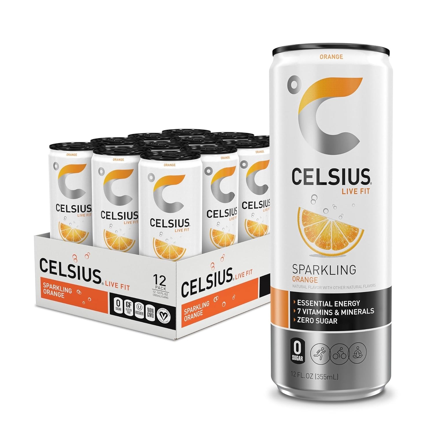 , Gluten-Free Sparkling Orange Energy Drink – 12 Fl Oz Cans, Pack of 12