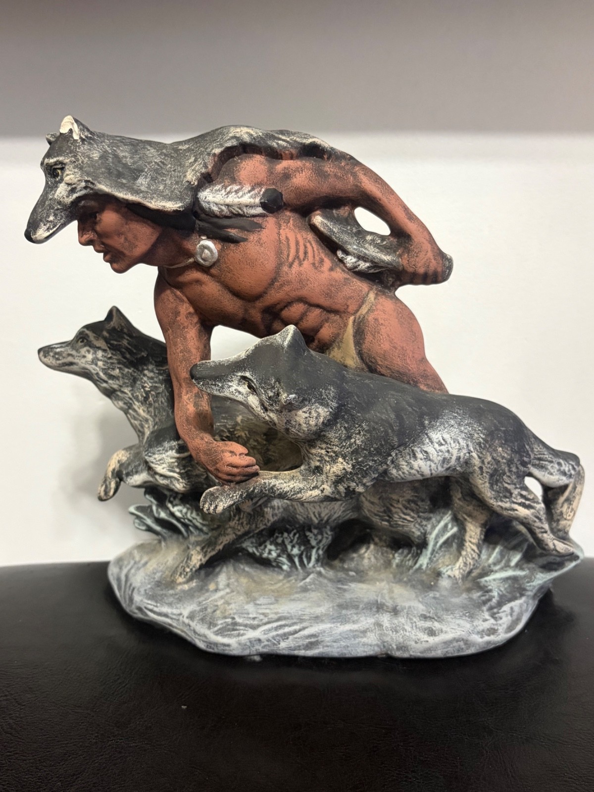 Native American Style Wolf Warrior Figurine Statue w/ 3 Wolves Southwestern Deco