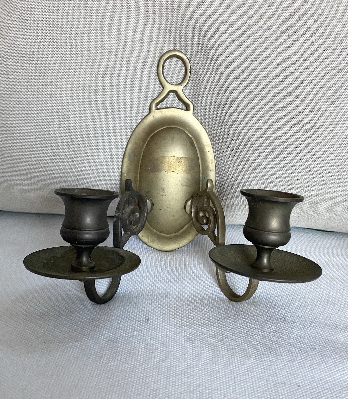 Vintage Solid Brass Double Arm Wall Sconce Candle Holder Patina Colonial
