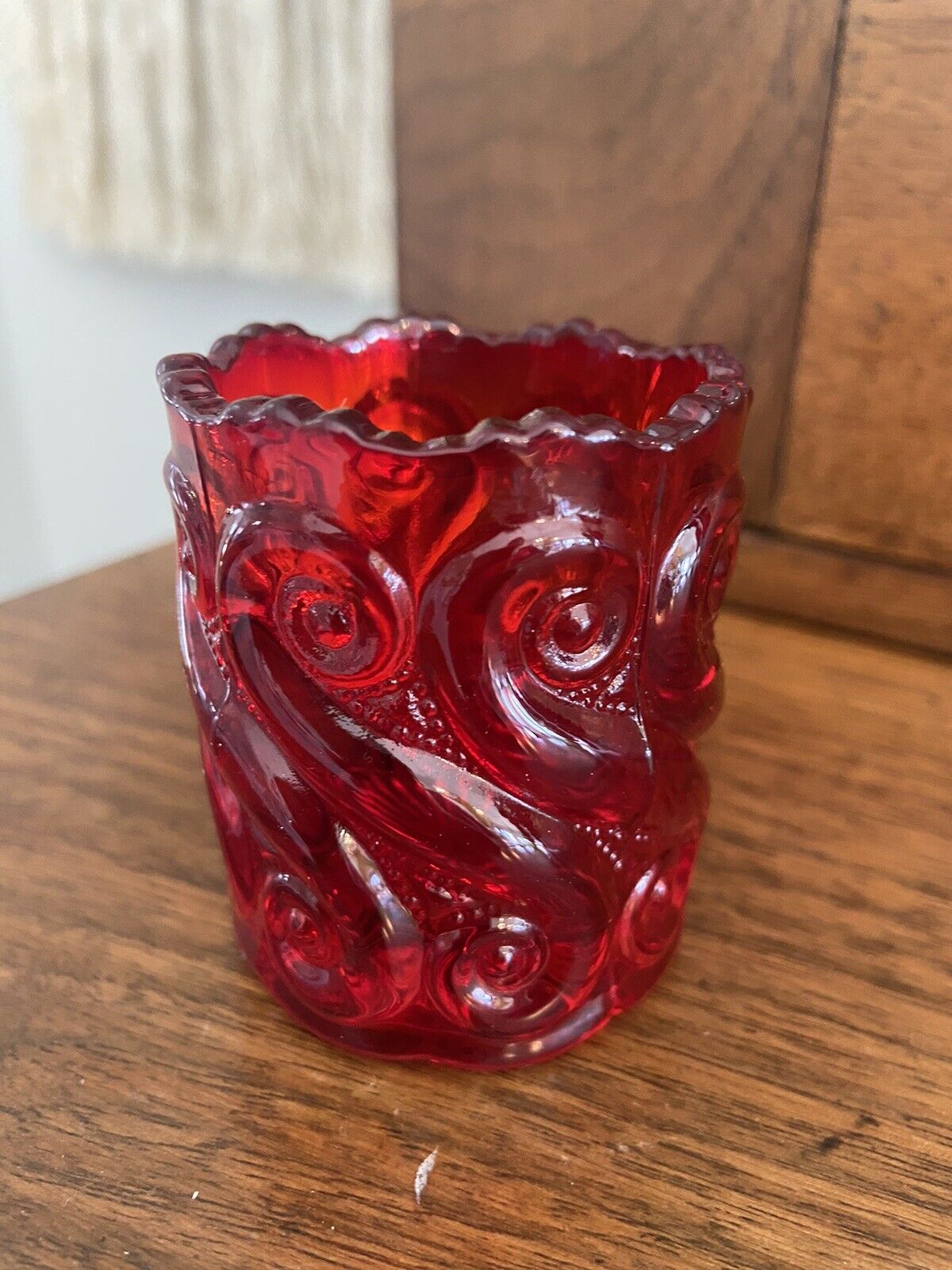 Vintage L.G. Wright S Repeat Pattern Red Glass Toothpick/Votive Holder