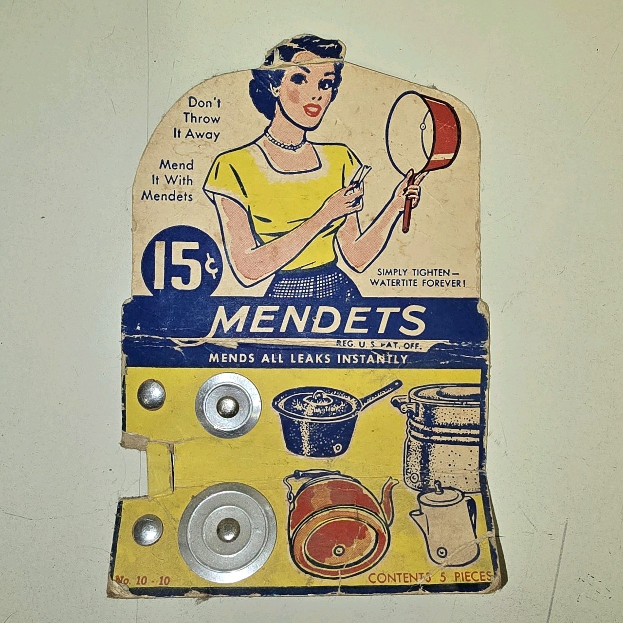 Antique Mendets Kitchen Repair Collectible 15 Cents MCM Nice Graphics Pots Pans