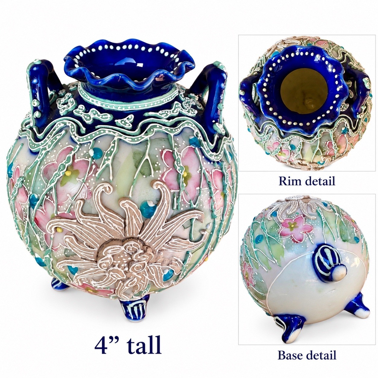 Handmade Moriage Style Tripod Vase Cobalt Blue Ruffled Rim Floral 4 in Handmade Moriage Style Tripod Vase Cobalt Blue Ruffled Rim Floral 4 in