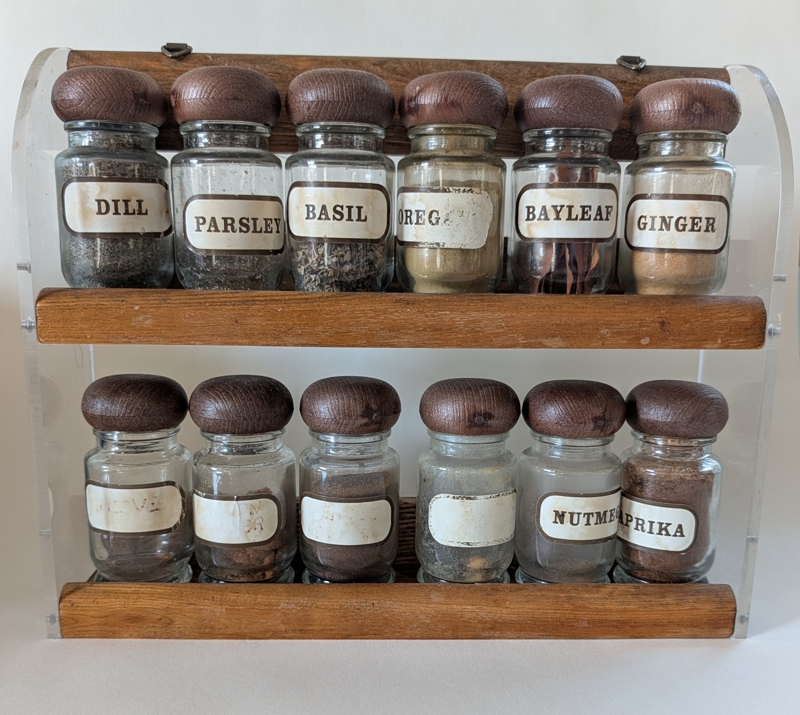Vintage made in Japan Wood and Acrylic MCM Spice Rack and Spice Jars