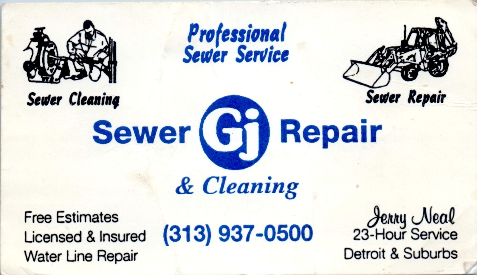 Jerry Neal Sewer Gj Repair & Cleaning Detroit & Suburbs Michigan Business Card
