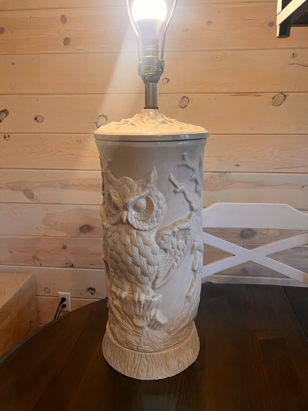 Vintage Antique Owl Table Lamp White Ceramic Mid Century Modern Large 3D