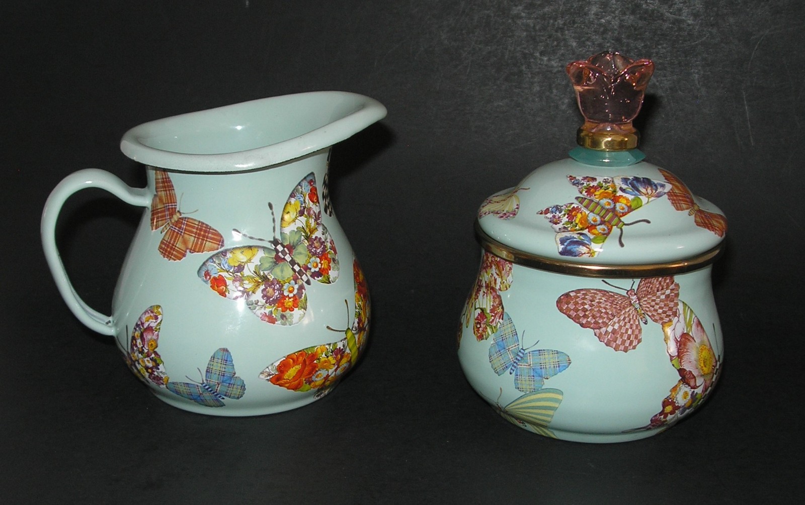 Vintage Mackenzie Childs Blue Butterfly Creamer Sugar Bowl W Lid Set Retired