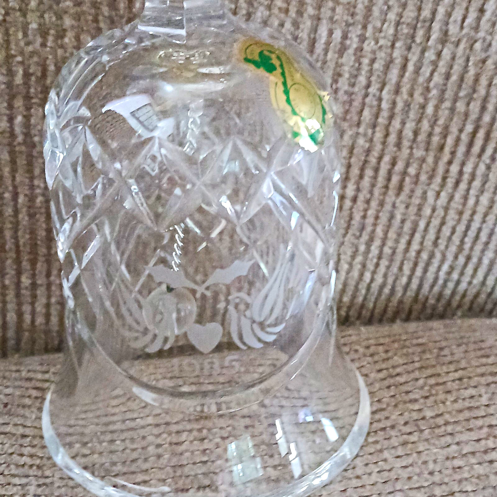 Clear Cut Crystal Glass Bell, Floral Etched Pattern, Green Foil Label Decor