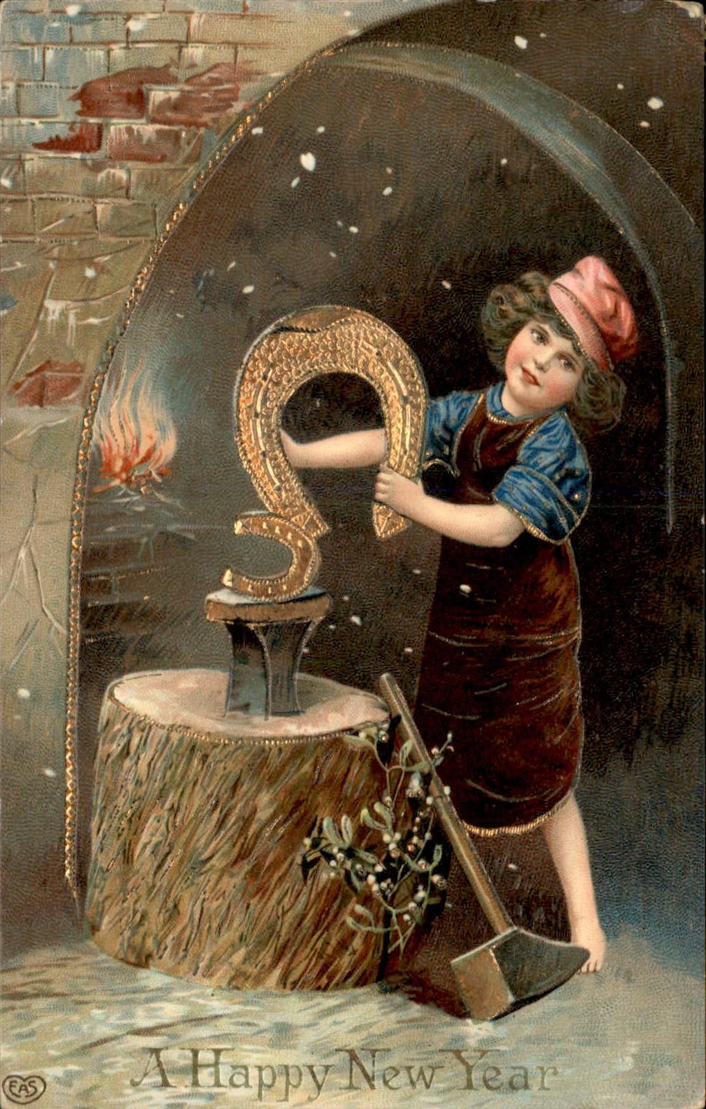 New Year's Girl with Horseshoe Embossed c1910s-20s Vintage Postcard
