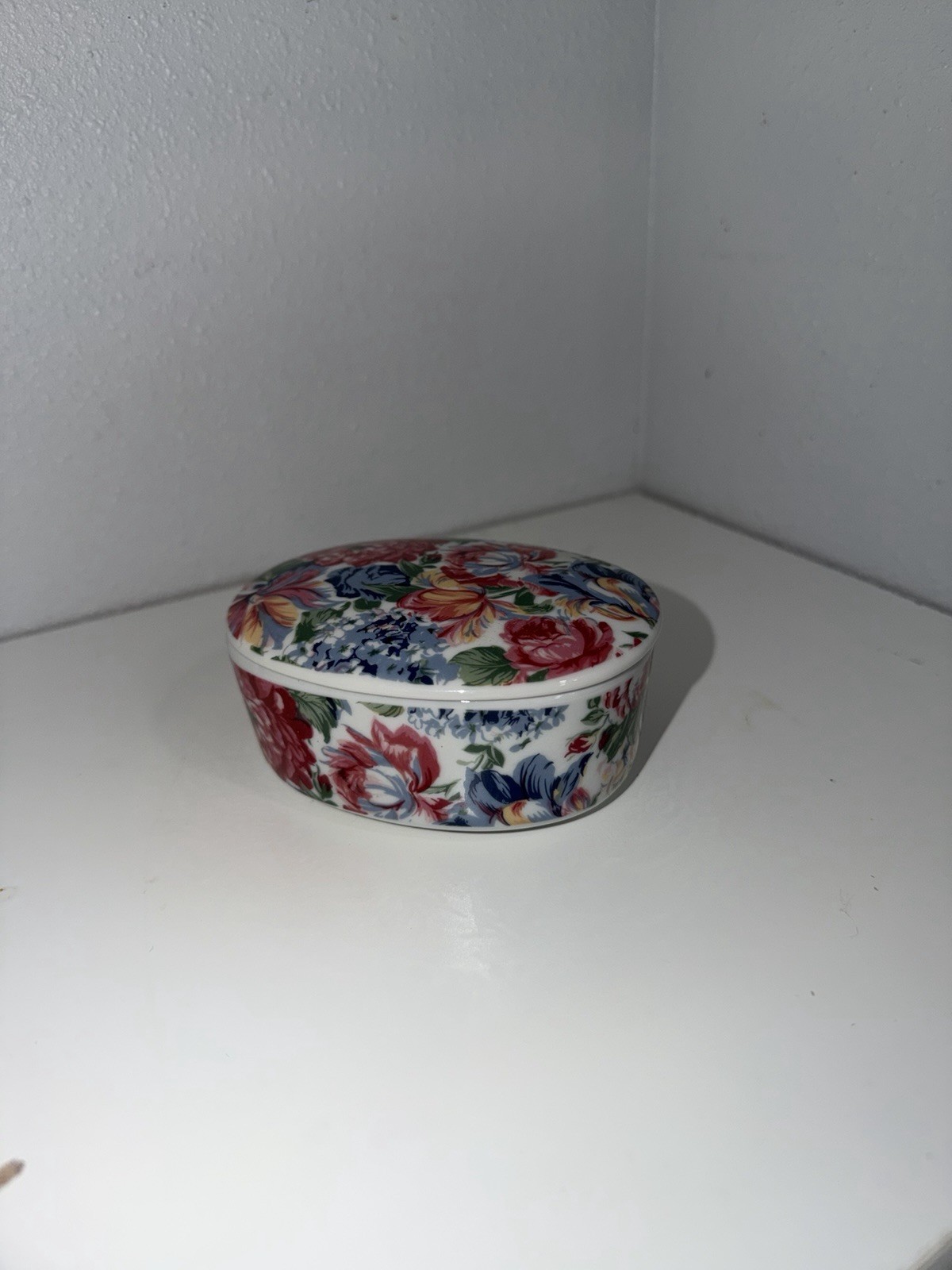 Vintage Porcelain Ceramic Hand Painted Oval Floral Trinket Box Dish w/ Lid JAPAN